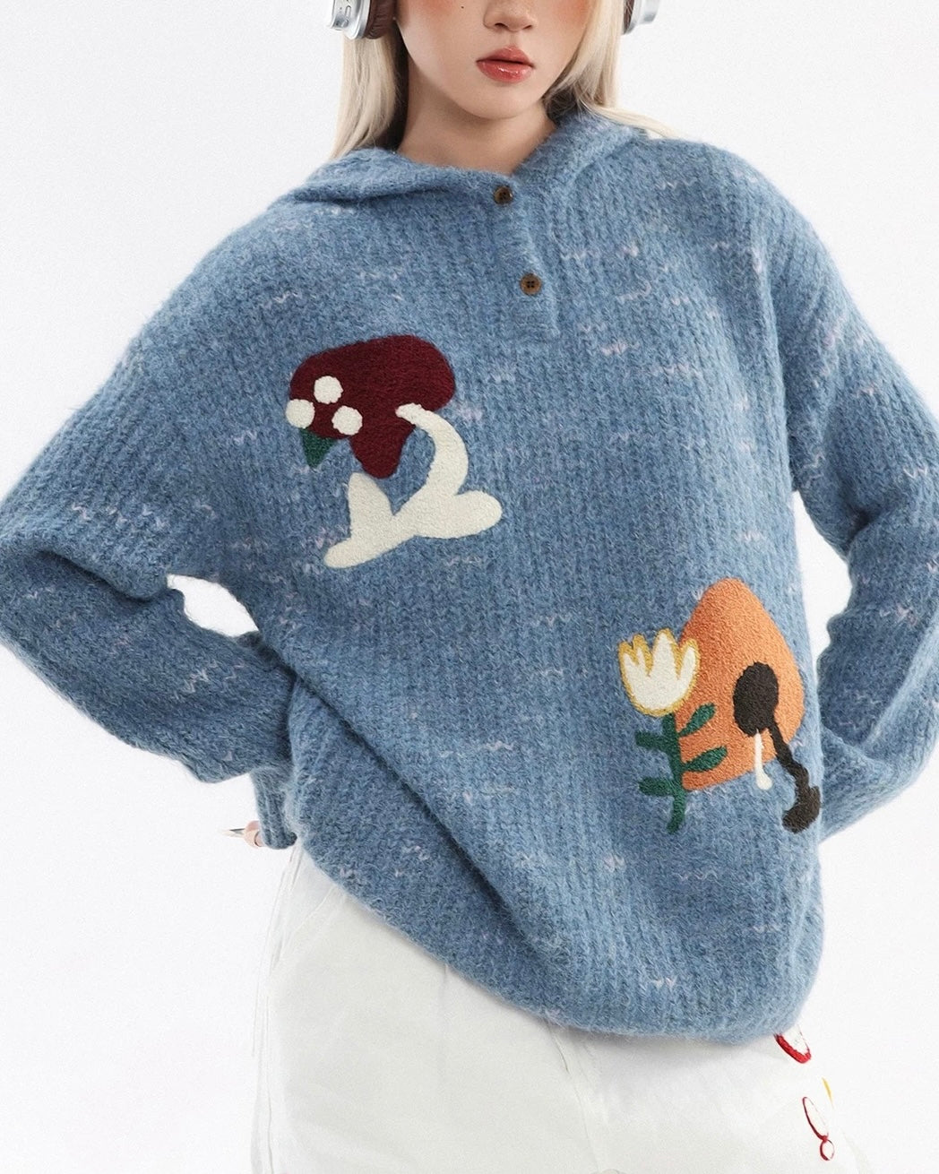레트로 버섯 후드 스웨터