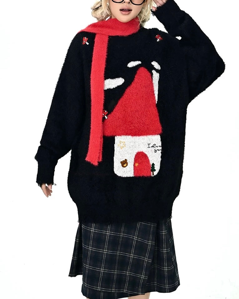 Retro red little house knitwear