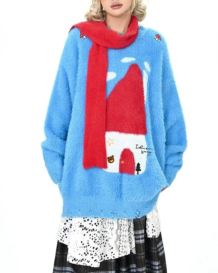 Retro red little house knitwear