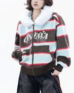Fur-trimmed hooded color-blocked coat