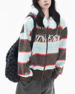 Fur-trimmed hooded color-blocked coat