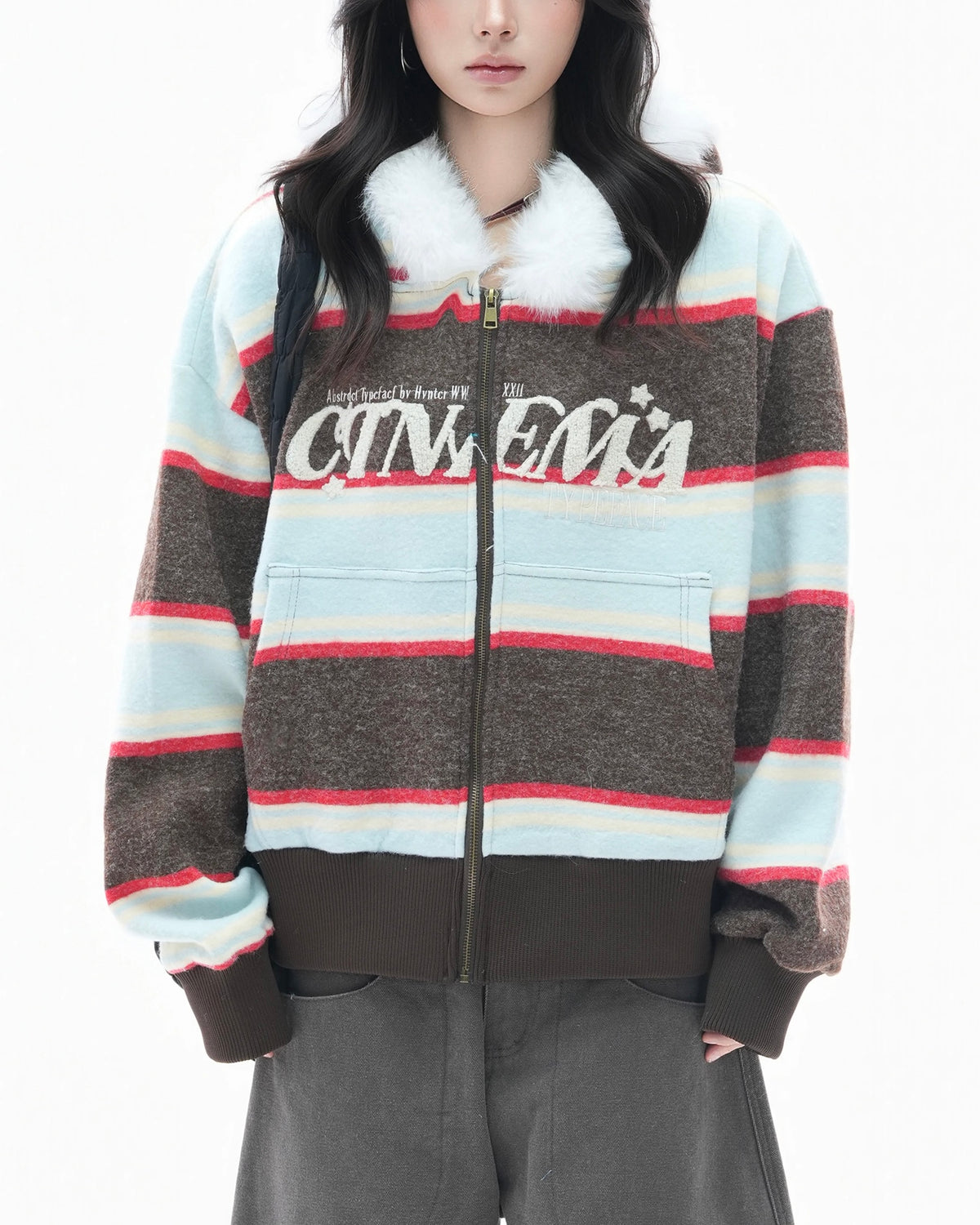 Fur-trimmed hooded color-blocked coat