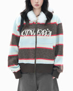 Fur-trimmed hooded color-blocked coat