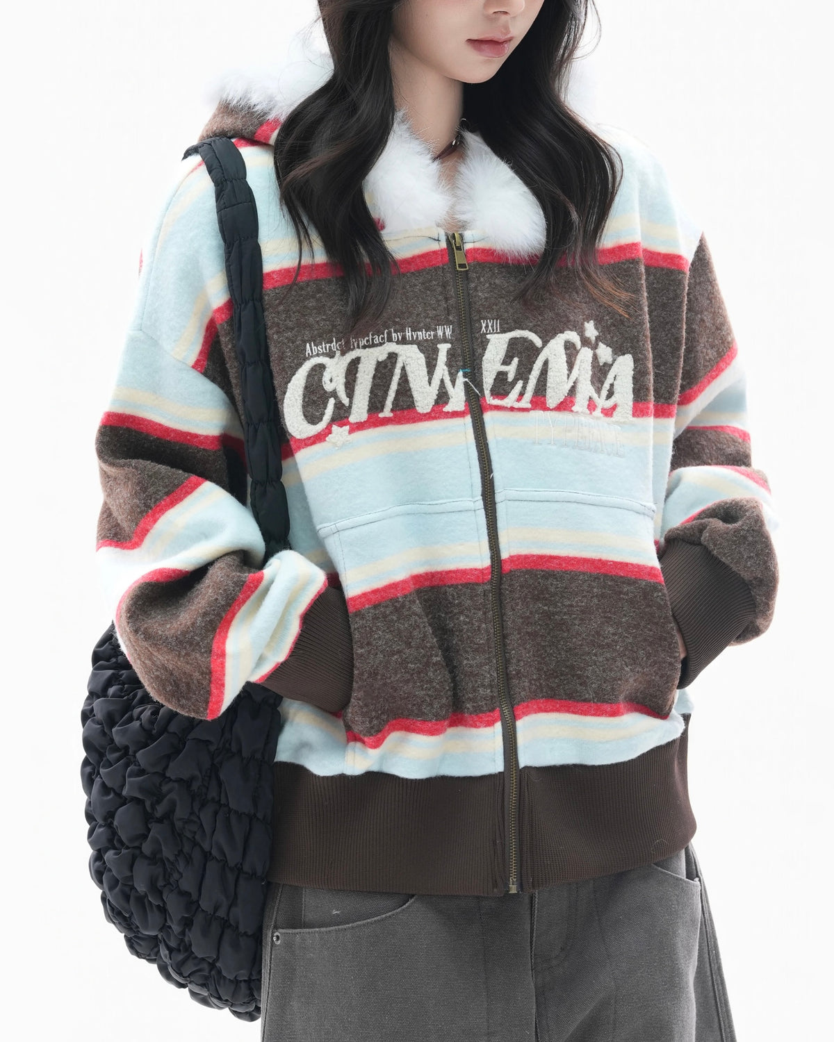 Fur-trimmed hooded color-blocked coat