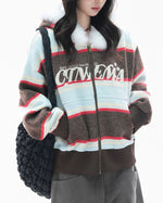 Fur-trimmed hooded color-blocked coat