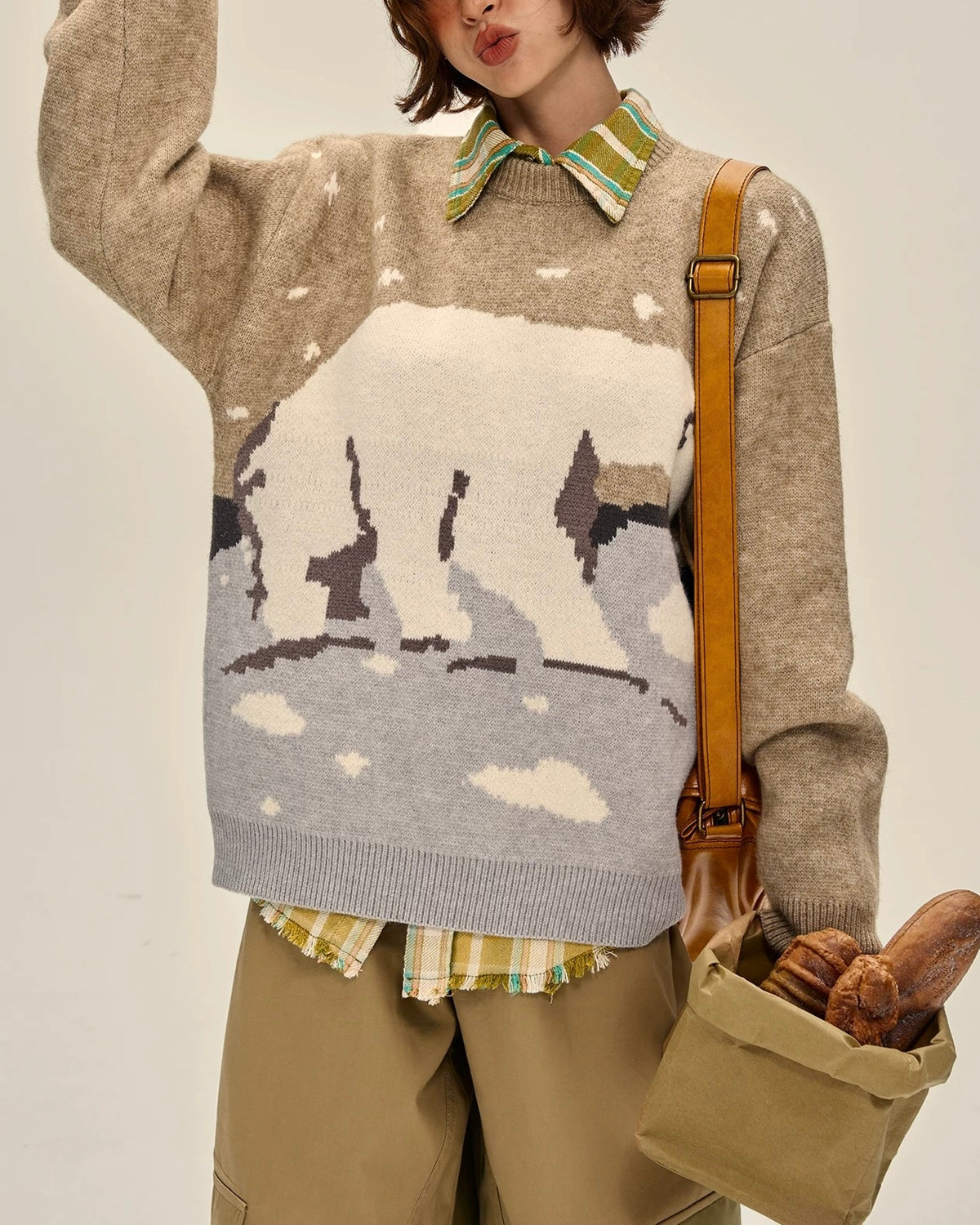 레트로 컬러 블록 폴라베어 스웨터