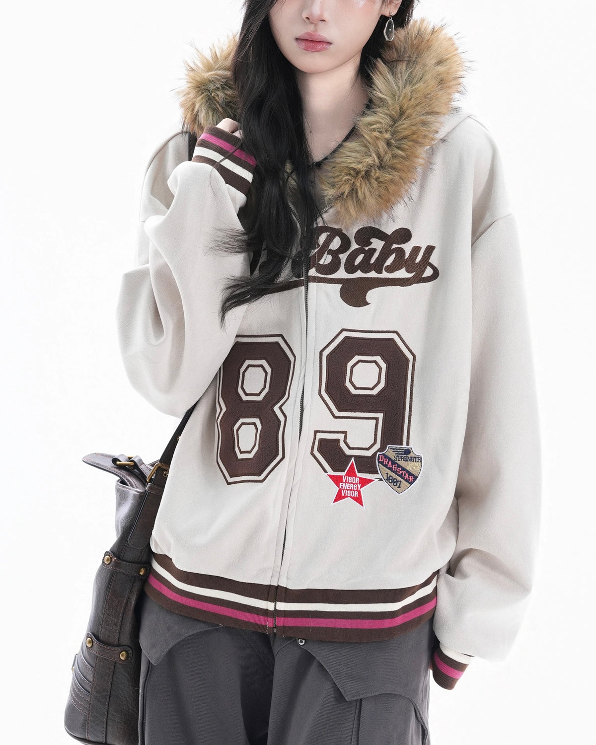 Retro letter embroidered hooded jacket