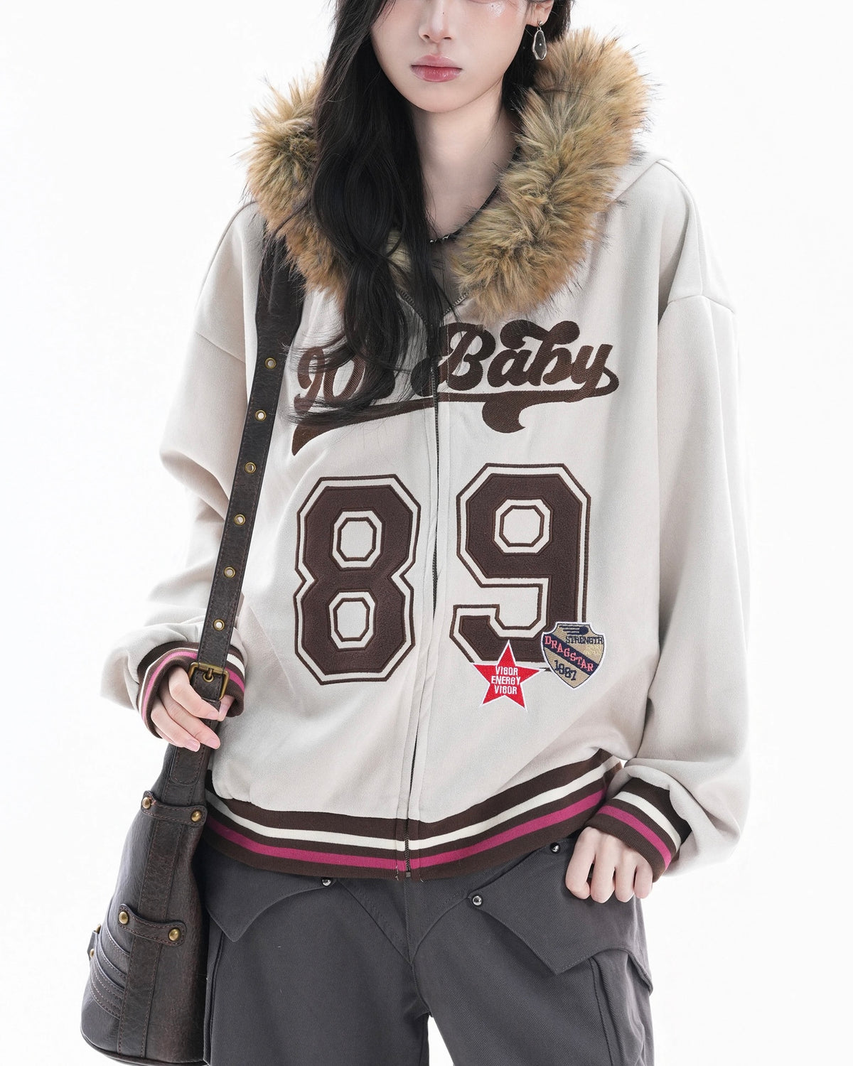 Retro letter embroidered hooded jacket
