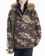 camouflage hooded knit cardigan with fur collar