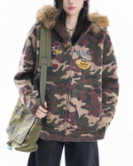 camouflage hooded knit cardigan with fur collar