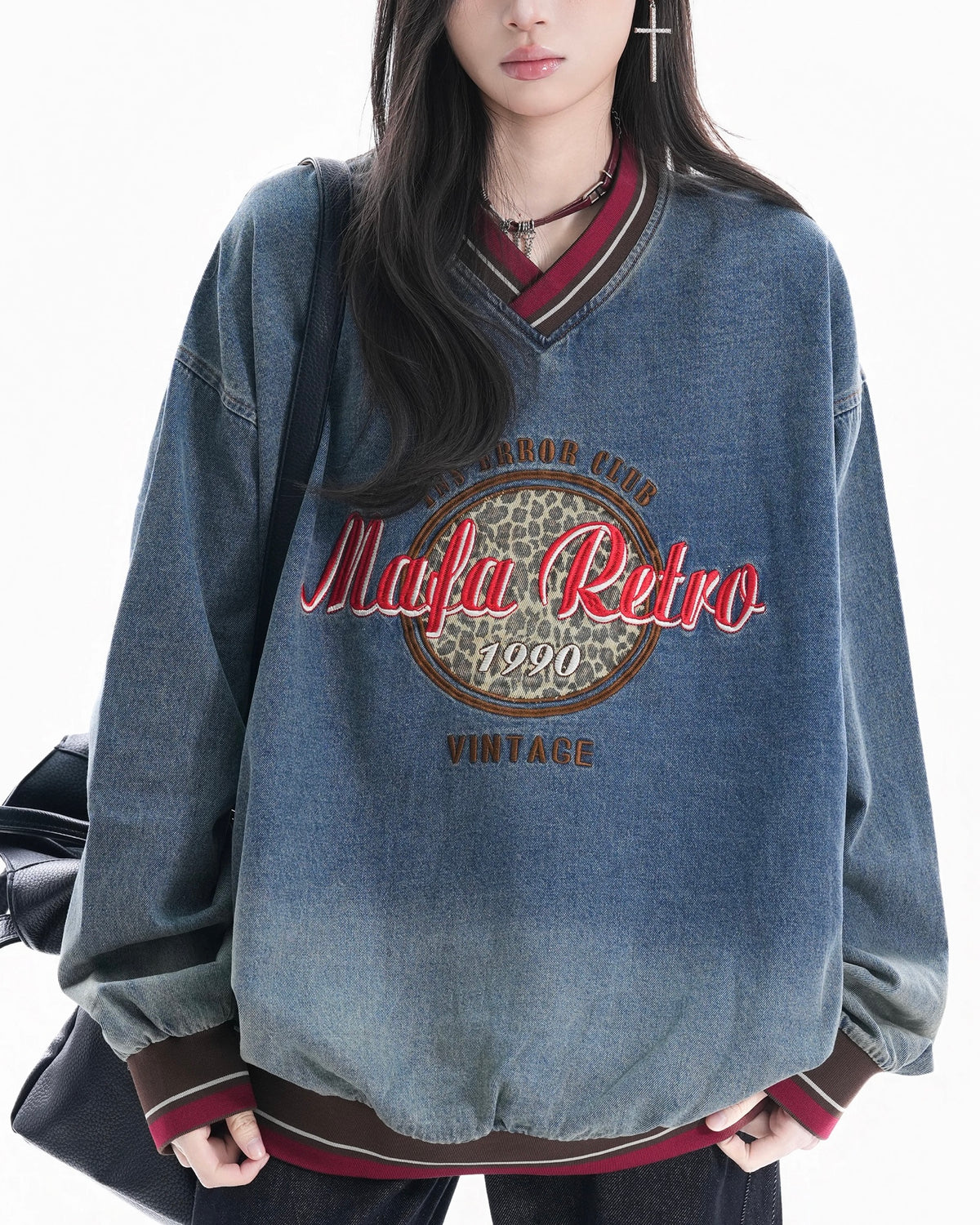 Color-blocked leopard print denim sweatshirt