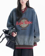 Color-blocked leopard print denim sweatshirt