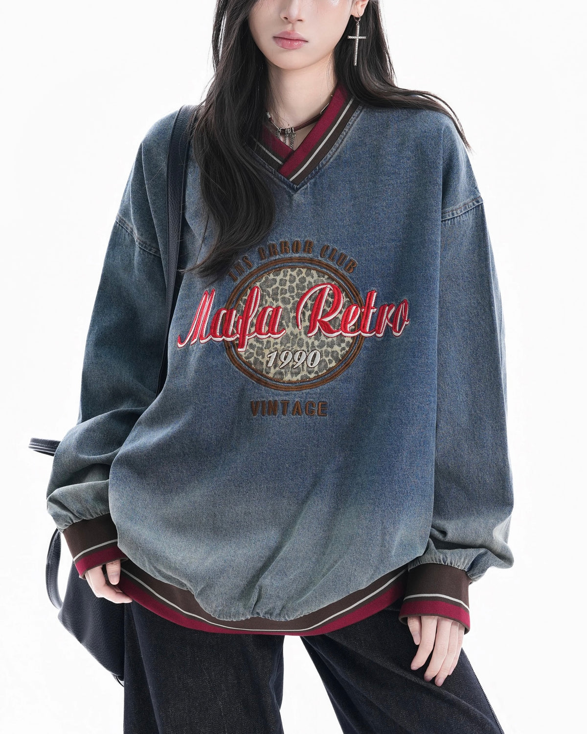 Color-blocked leopard print denim sweatshirt