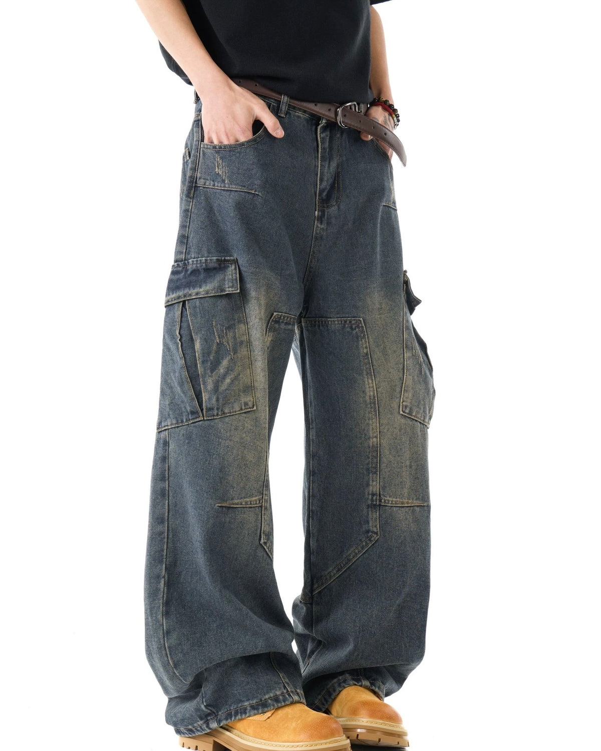 Distressed multi-pocket jeans