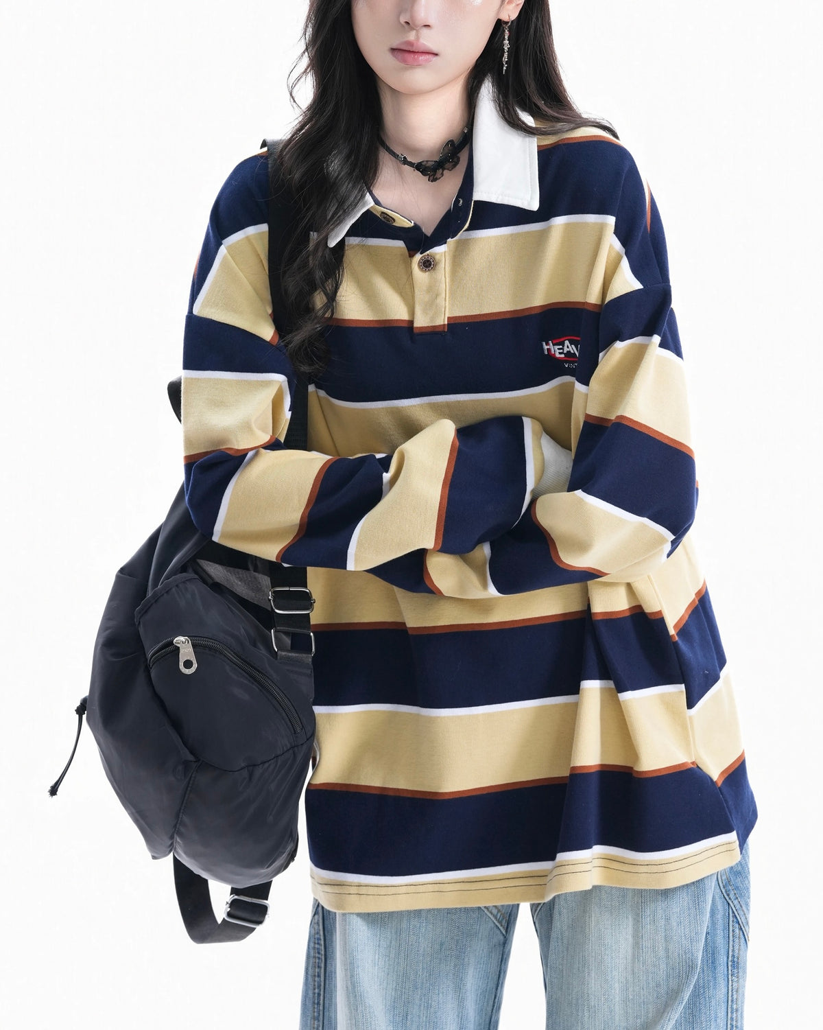 條紋撞色翻領衛衣