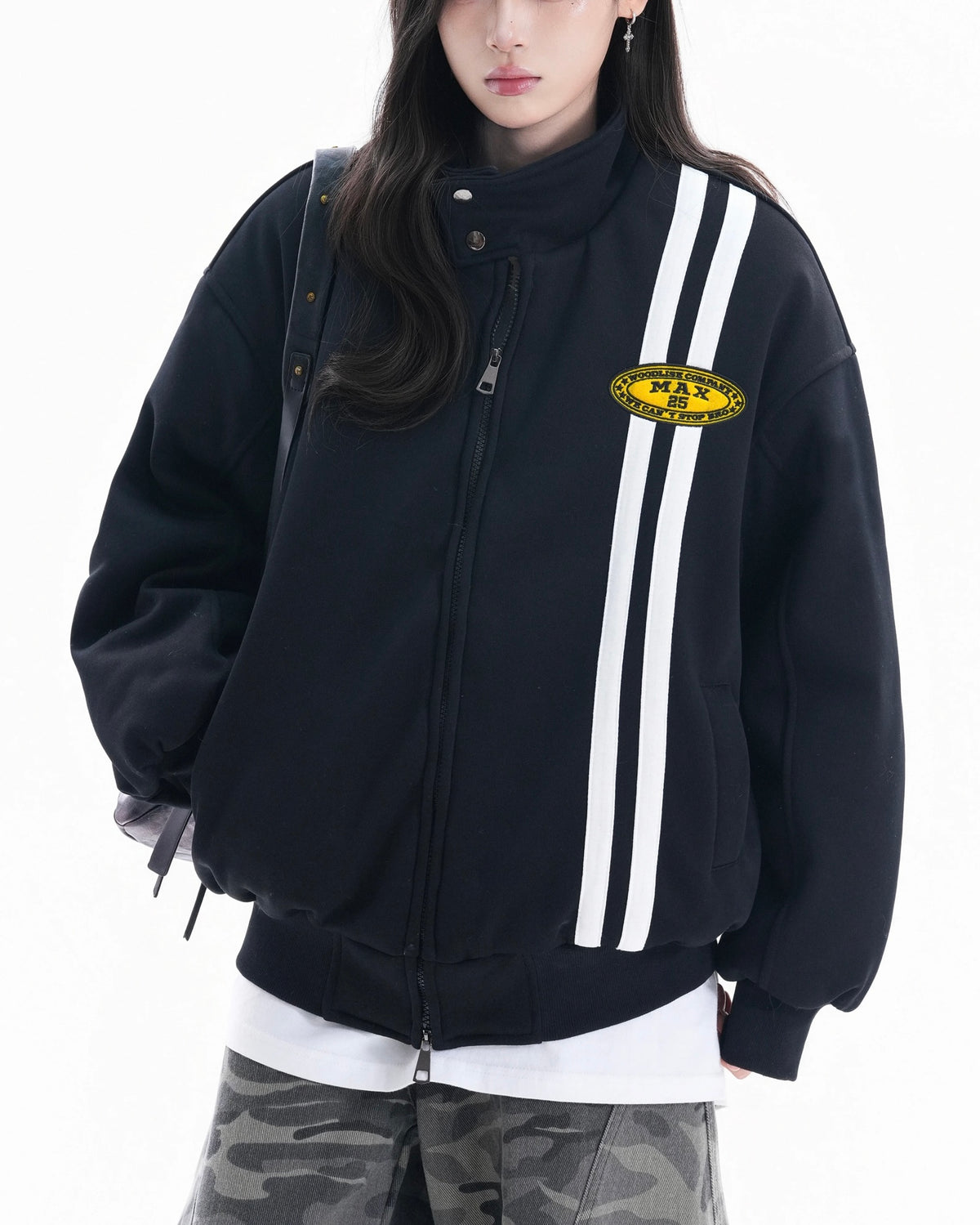 Embroidered striped stand-up collar coat