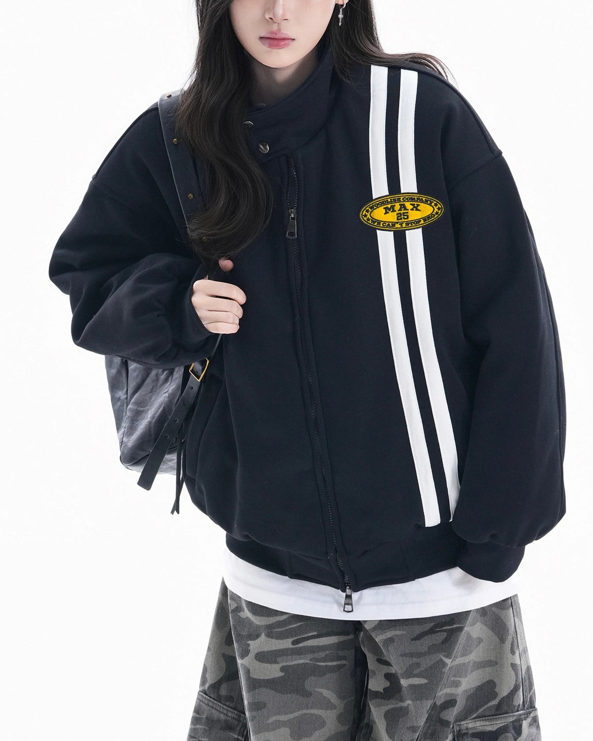 Embroidered striped stand-up collar coat