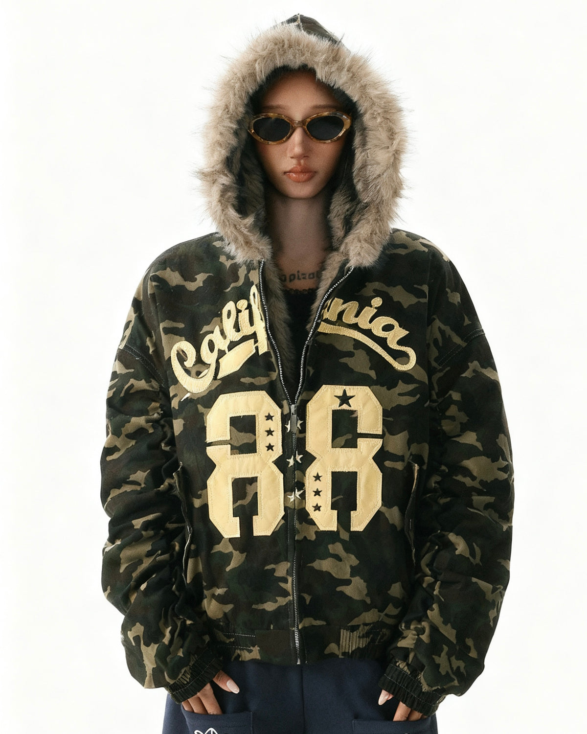 Camouflage plush hooded jacket