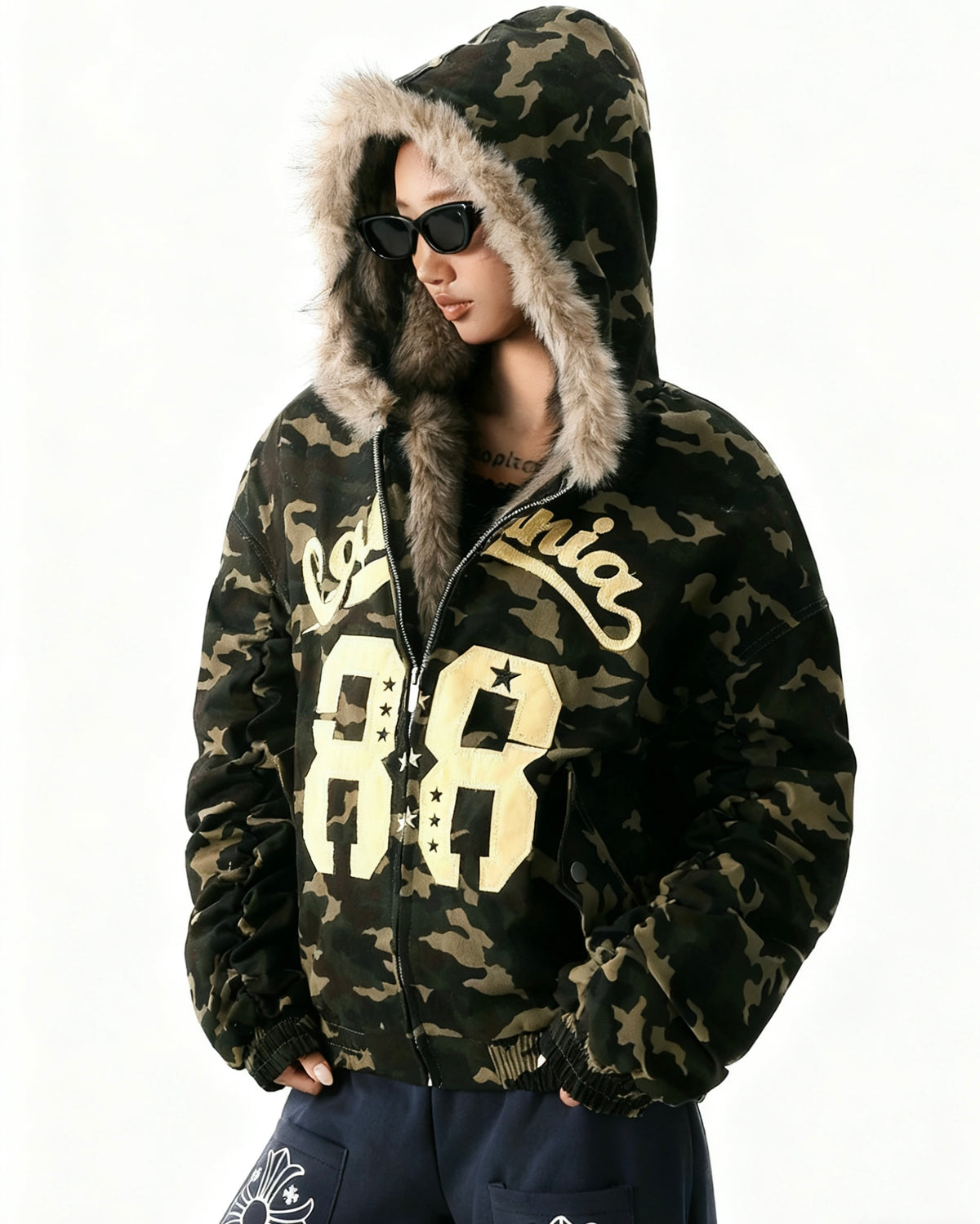 Camouflage plush hooded jacket