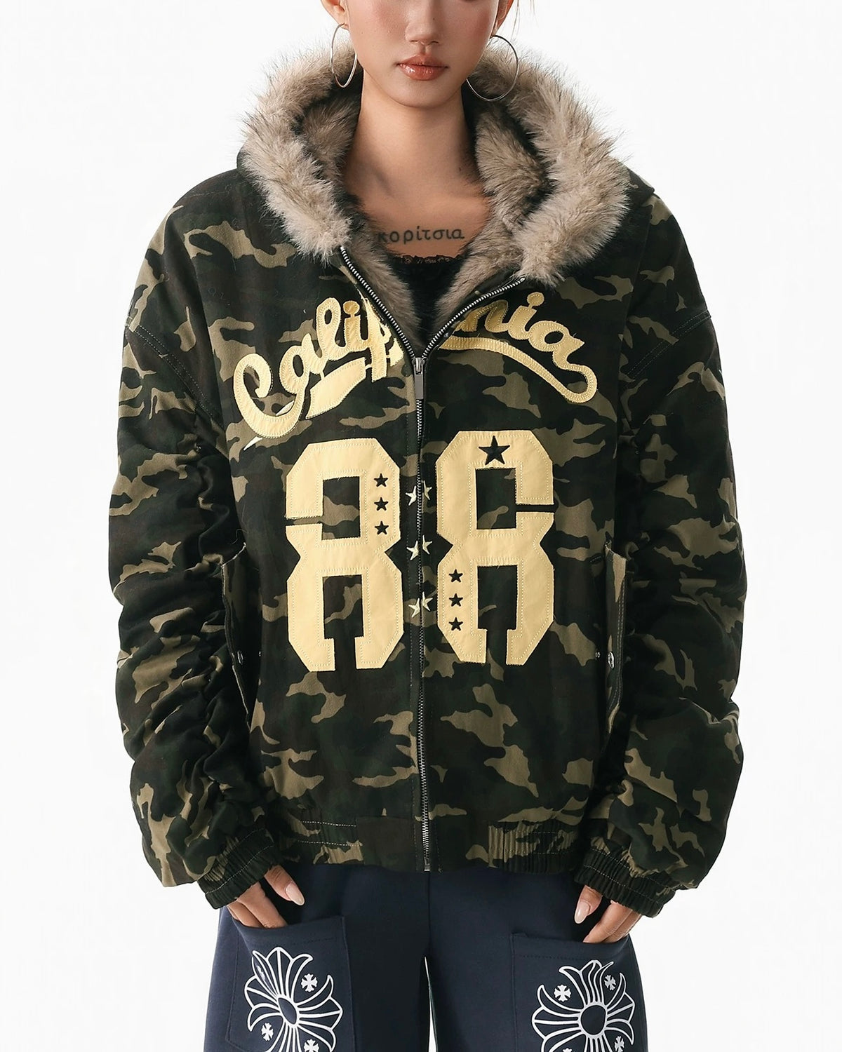 Camouflage plush hooded jacket