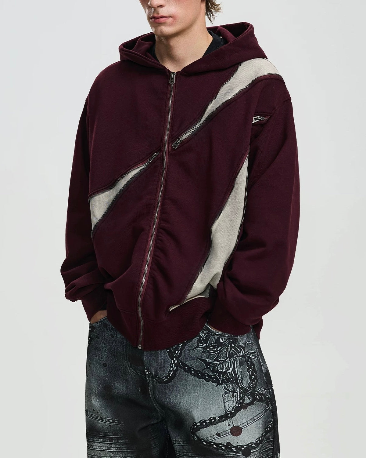 Unique color-blocked hooded sweatshirt jacket