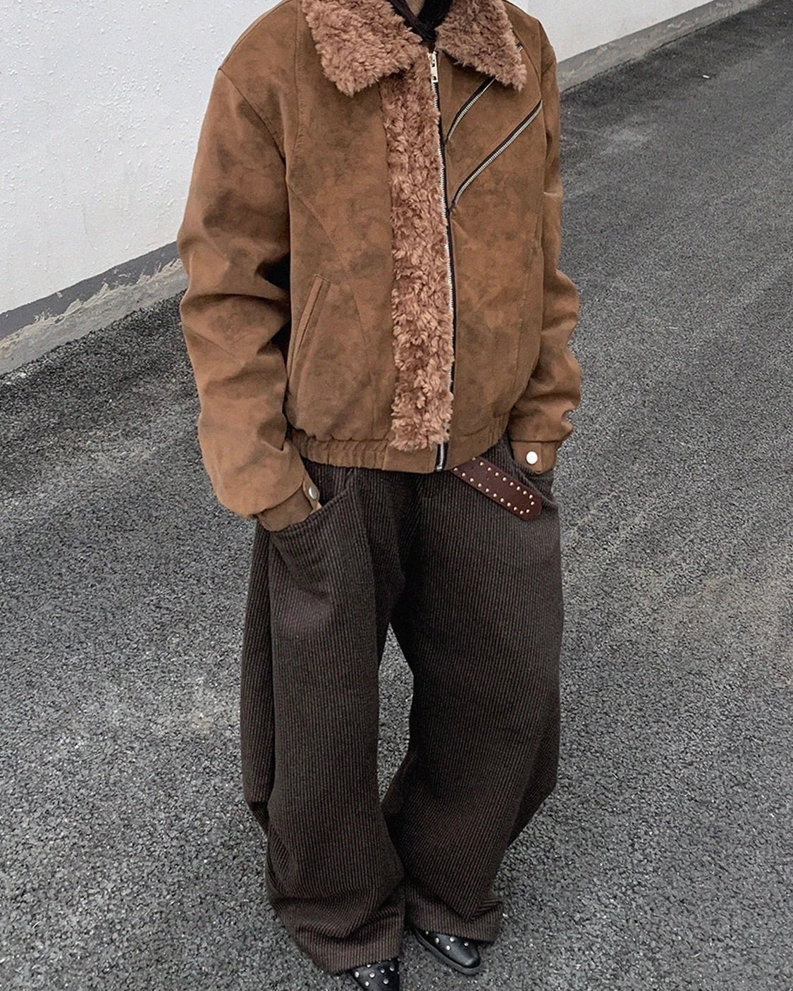 Retro-style short coat with fur collar