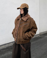 Retro-style short coat with fur collar