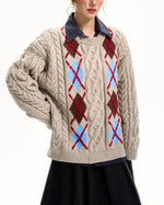 菱形格麻花辮套頭毛衣