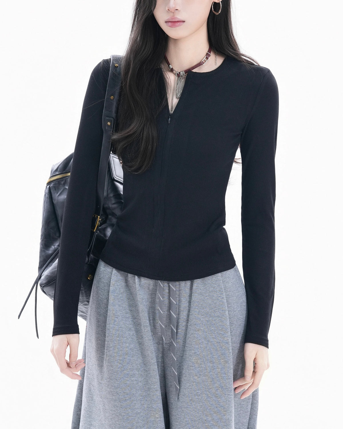 라운드넥, 슬림핏, 긴팔 상의 (여성용)