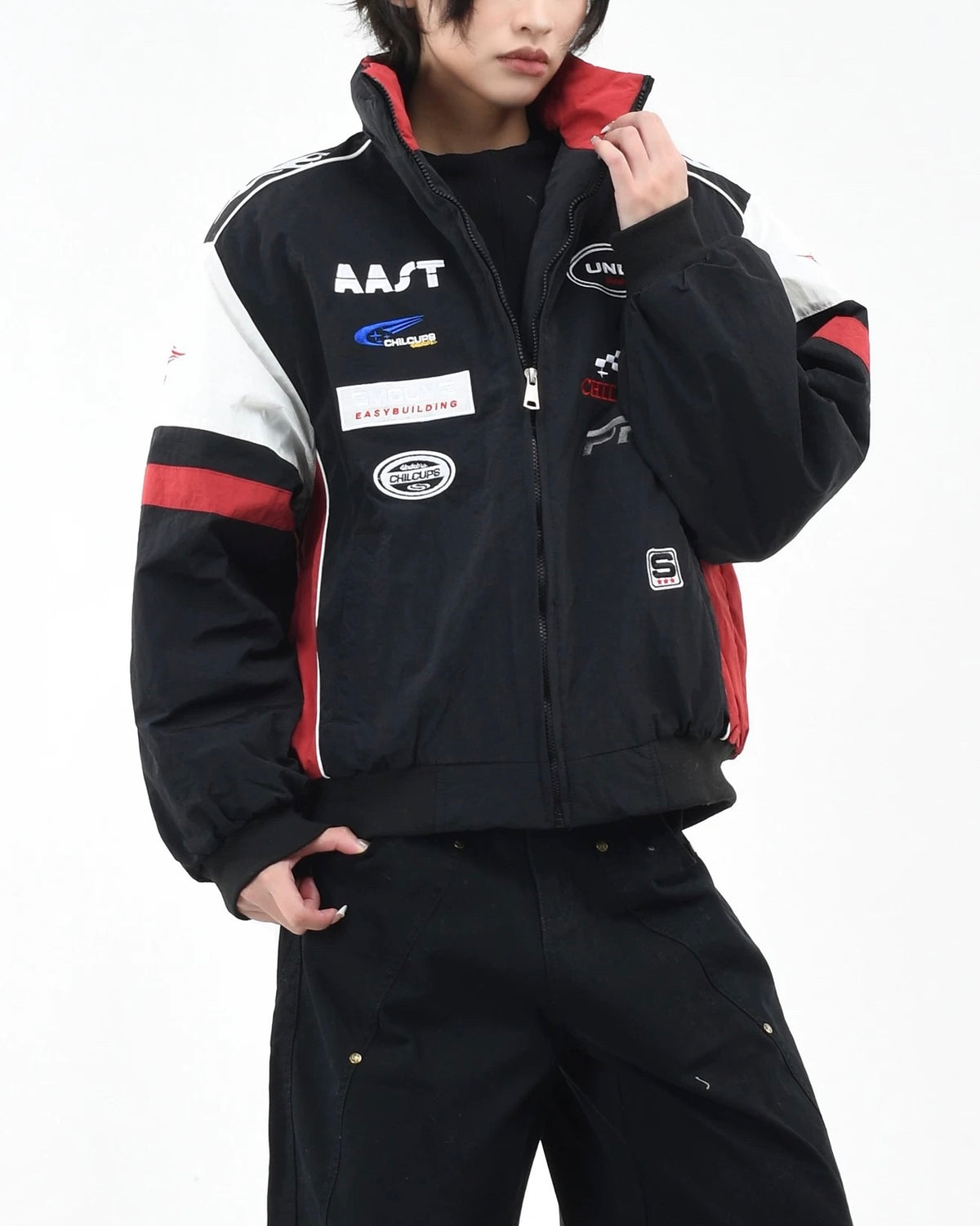 Patchwork racing suit jacket