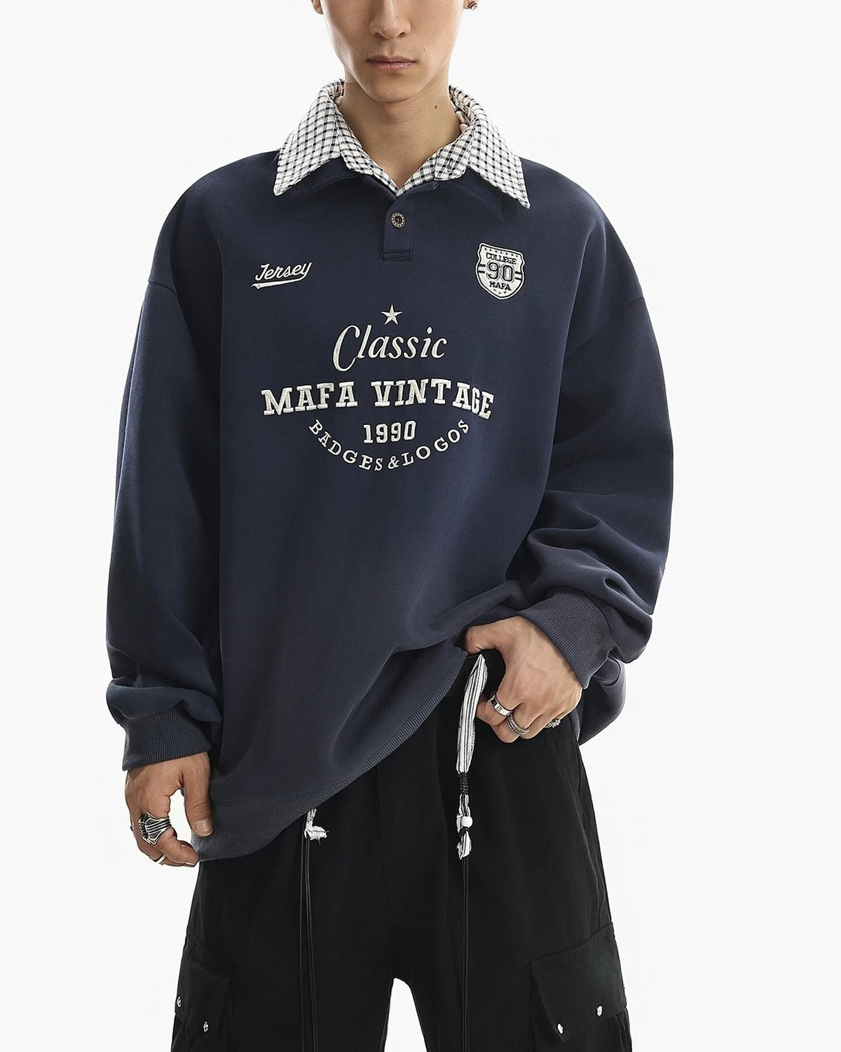 Retro collared faux two-piece sweatshirt