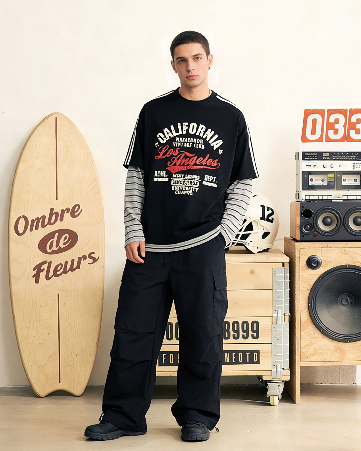 Retro contrast color casual fake two-piece long sleeves