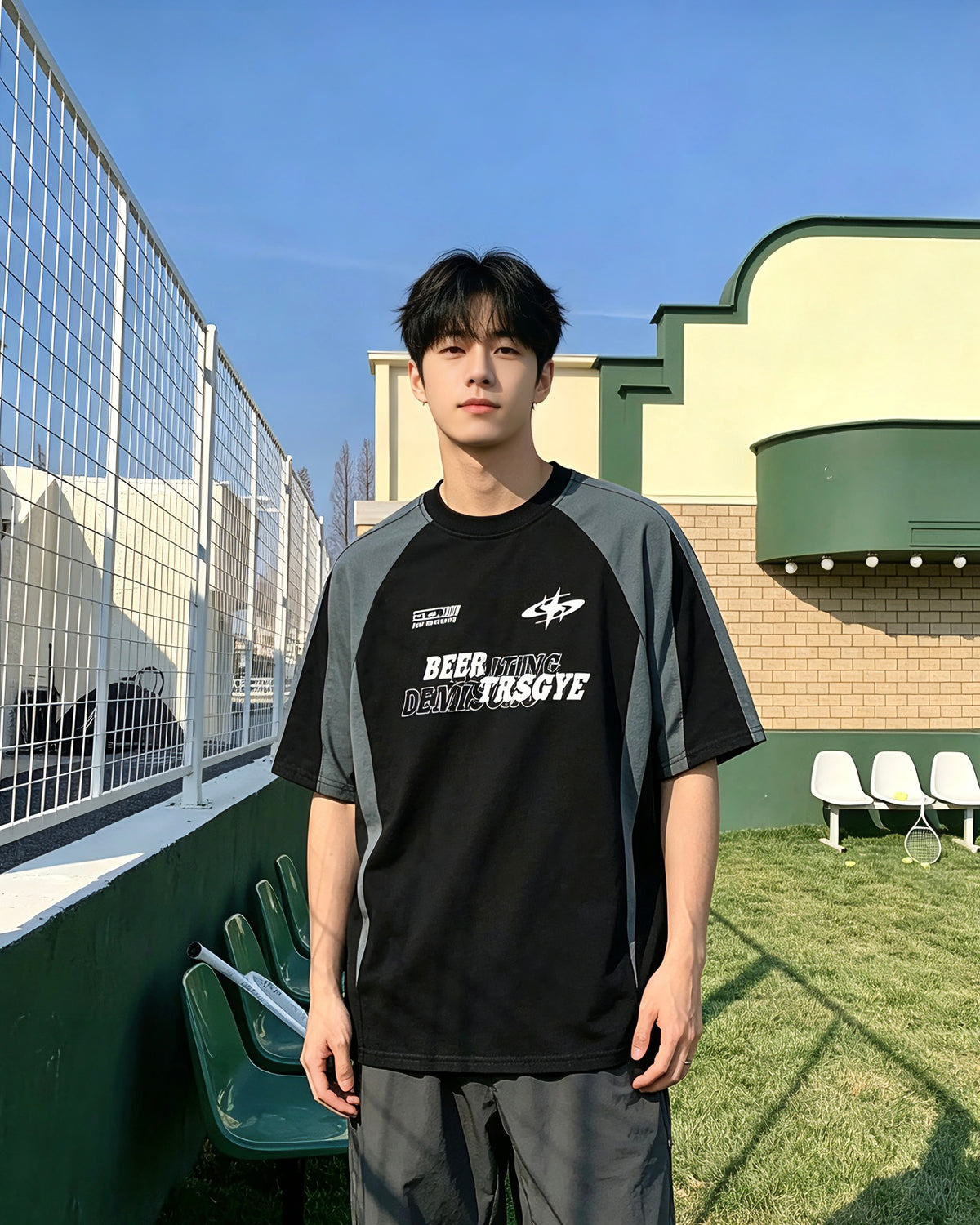 루즈한 반소매와 대비되는 레트로 패치워크