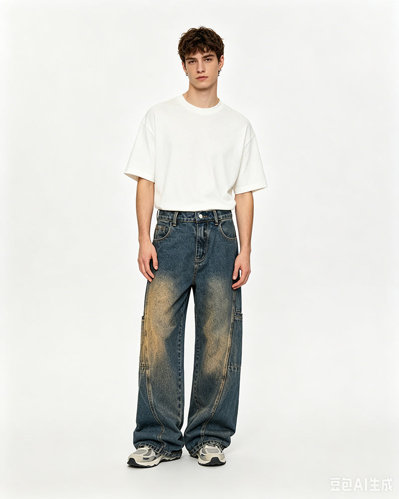 Washed distressed straight leg pants