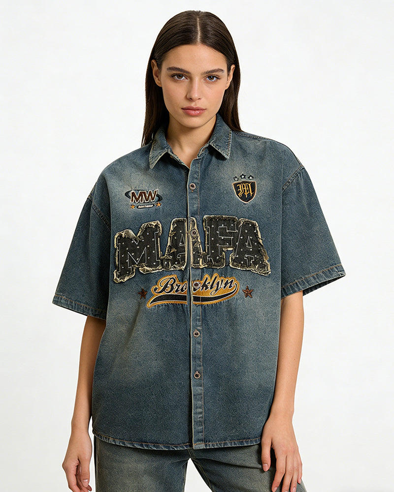 做舊水洗短袖襯衫