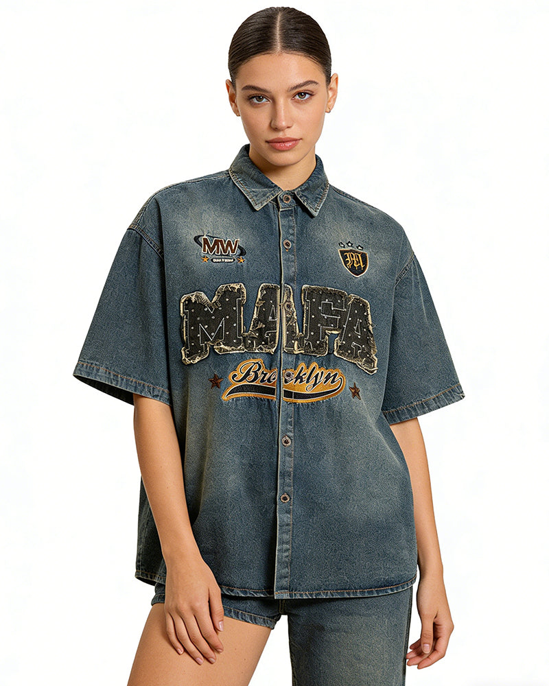 做舊水洗短袖襯衫