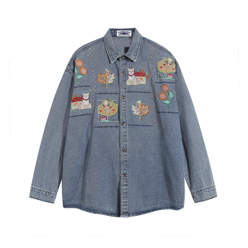 Retro cartoon animal embroidered denim shirt