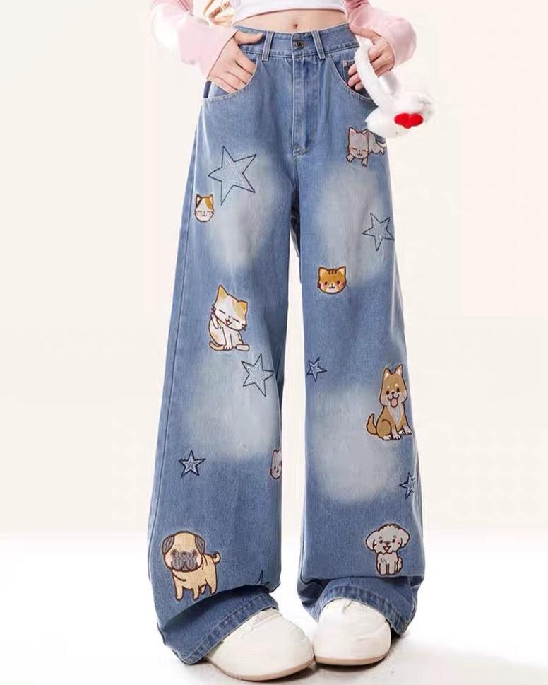 Retro cute embroidered denim trousers