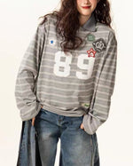 Retro letter lapel striped long sleeves