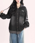 레트로 체크 무늬 패치워크 페이크 투피스 데님 재킷