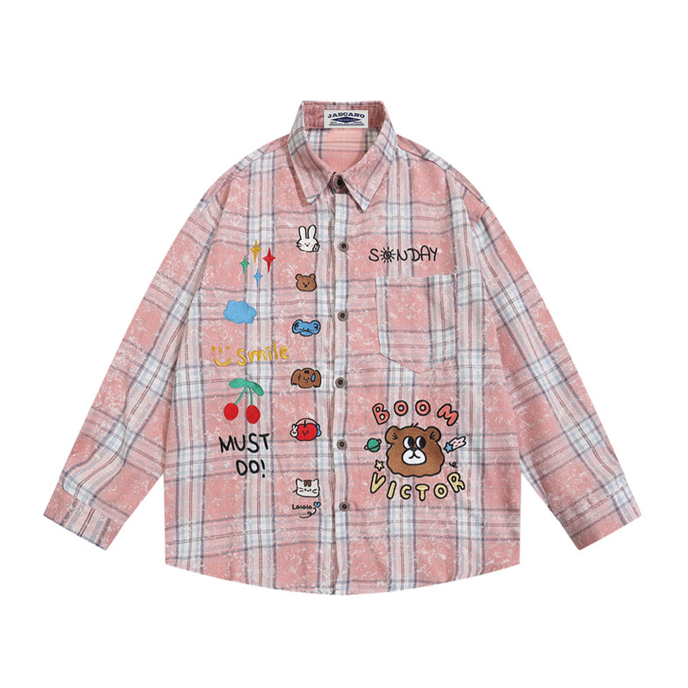 Retro fun cartoon embroidered plaid shirt