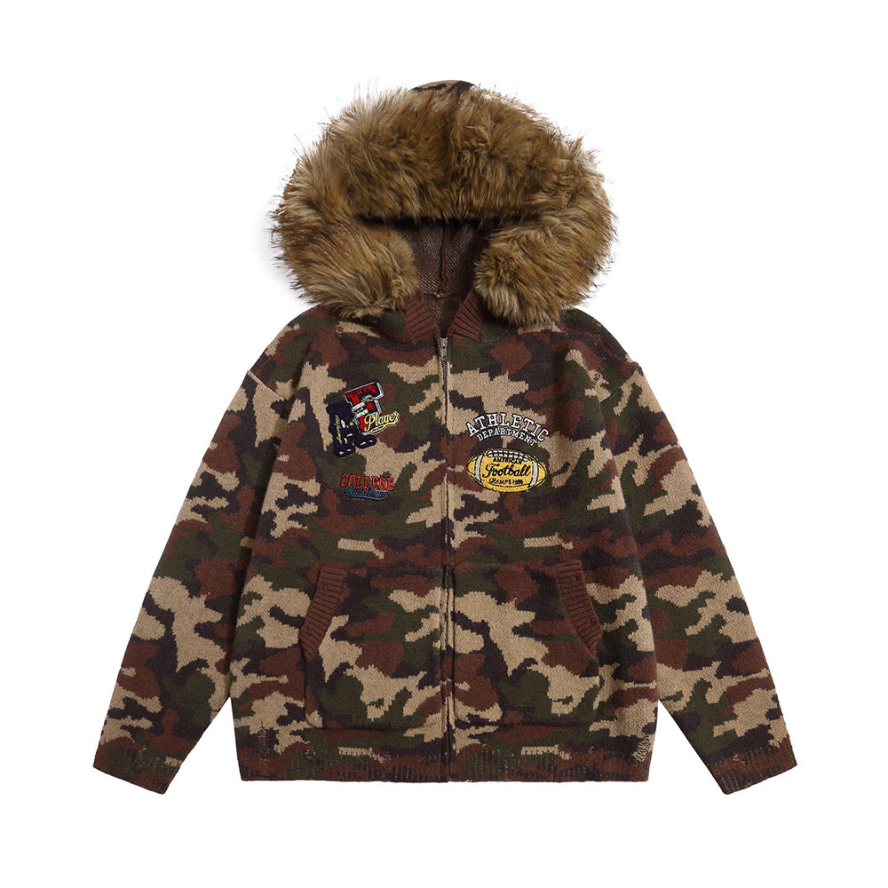 camouflage hooded knit cardigan with fur collar