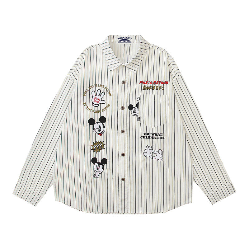 vertical striped cartoon embroidered shirt