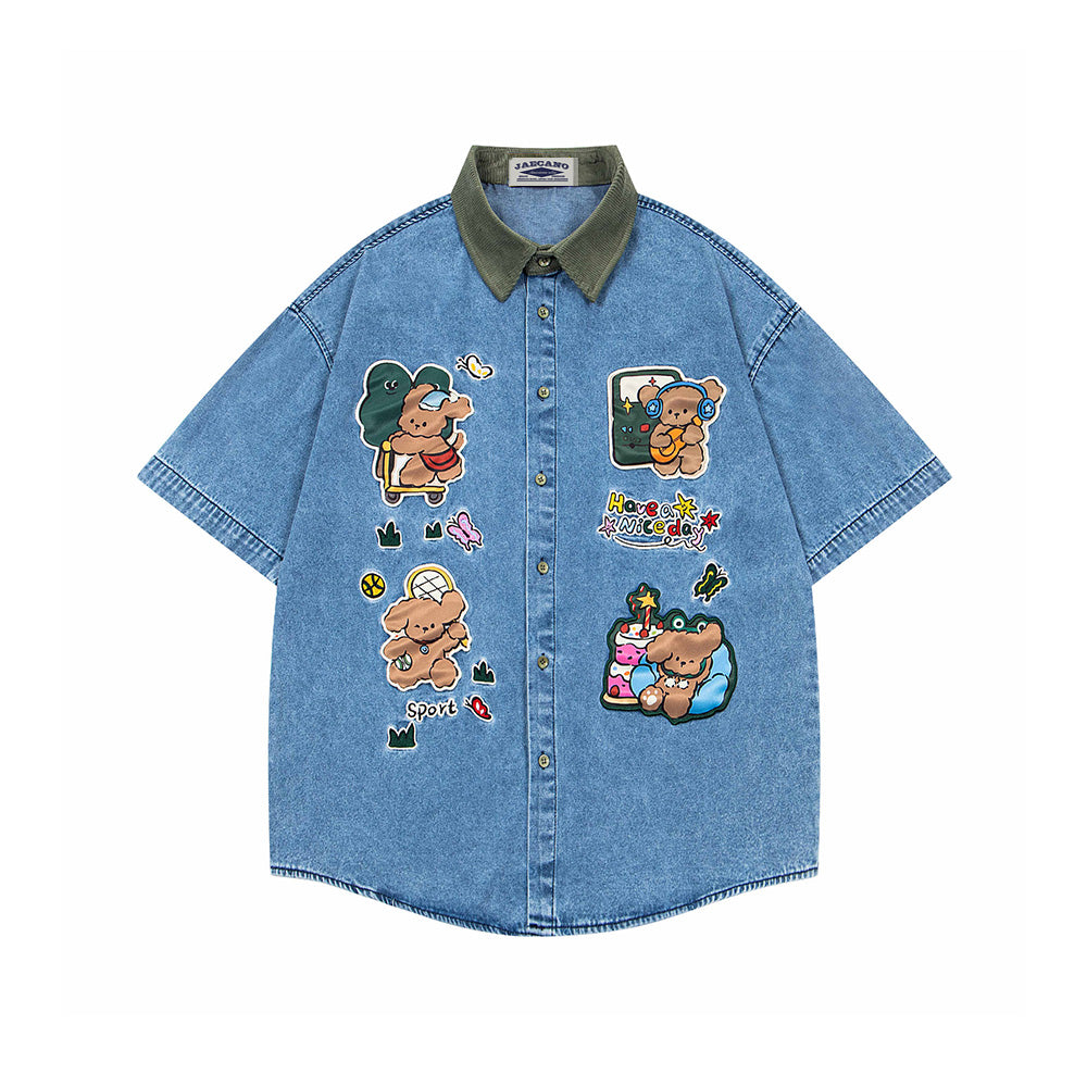 Patchwork Puppy Denim Short Sleeve Shirt