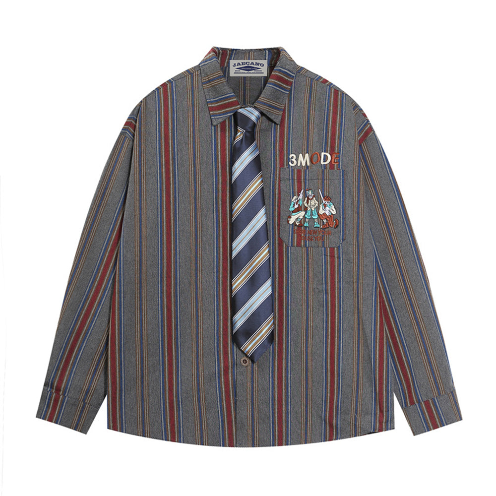 Retro fun cartoon embroidered striped shirt