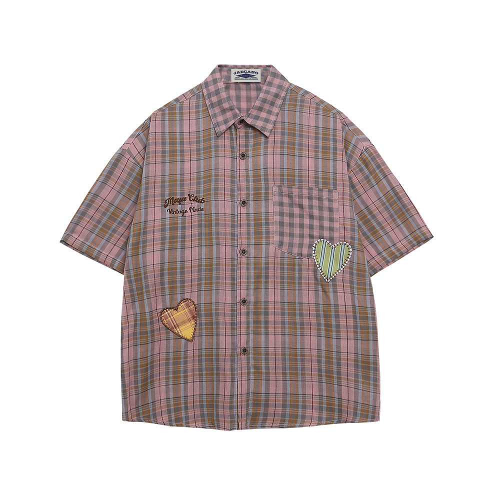 Heart Embroidered Plaid Short Sleeve Shirt