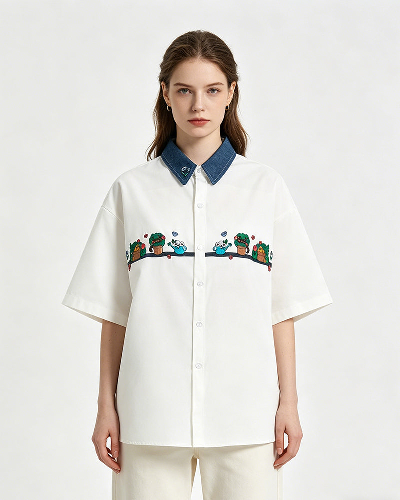 Contrast color stitching cute short sleeve shirt