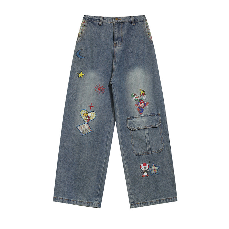 Retro cartoon embroidered washed denim trousers