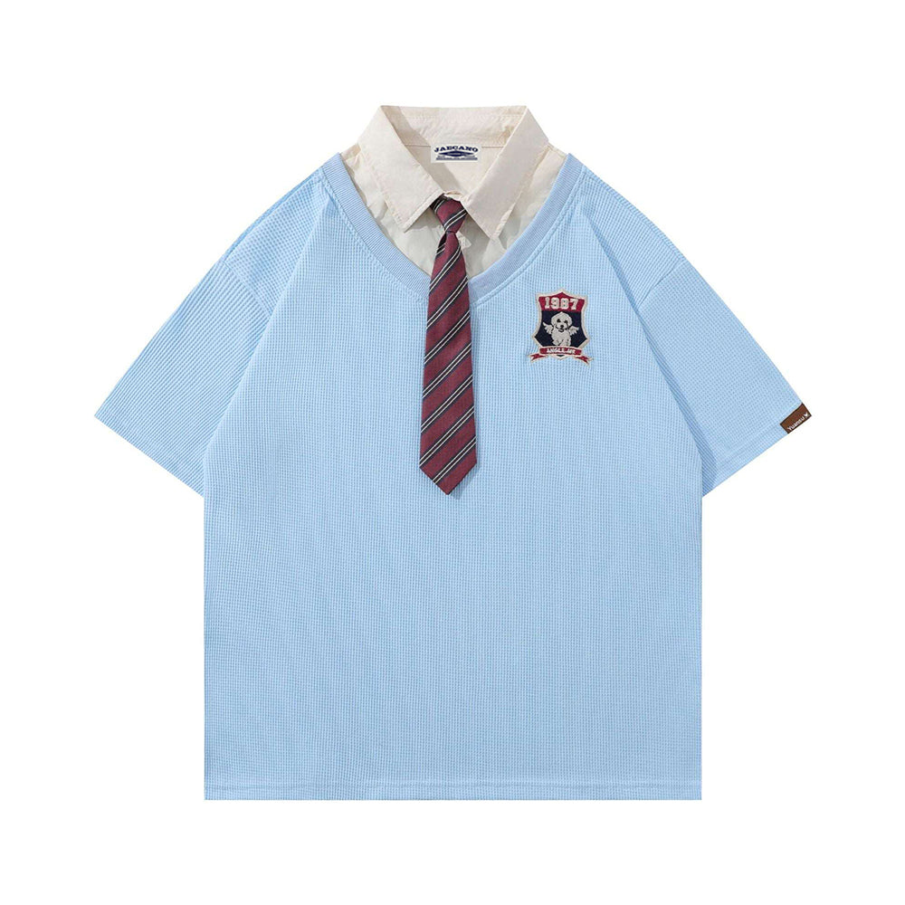 Retro stitching polo collar short sleeves