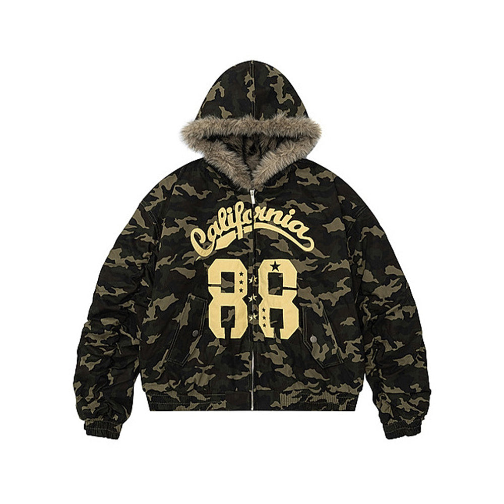 Camouflage plush hooded jacket
